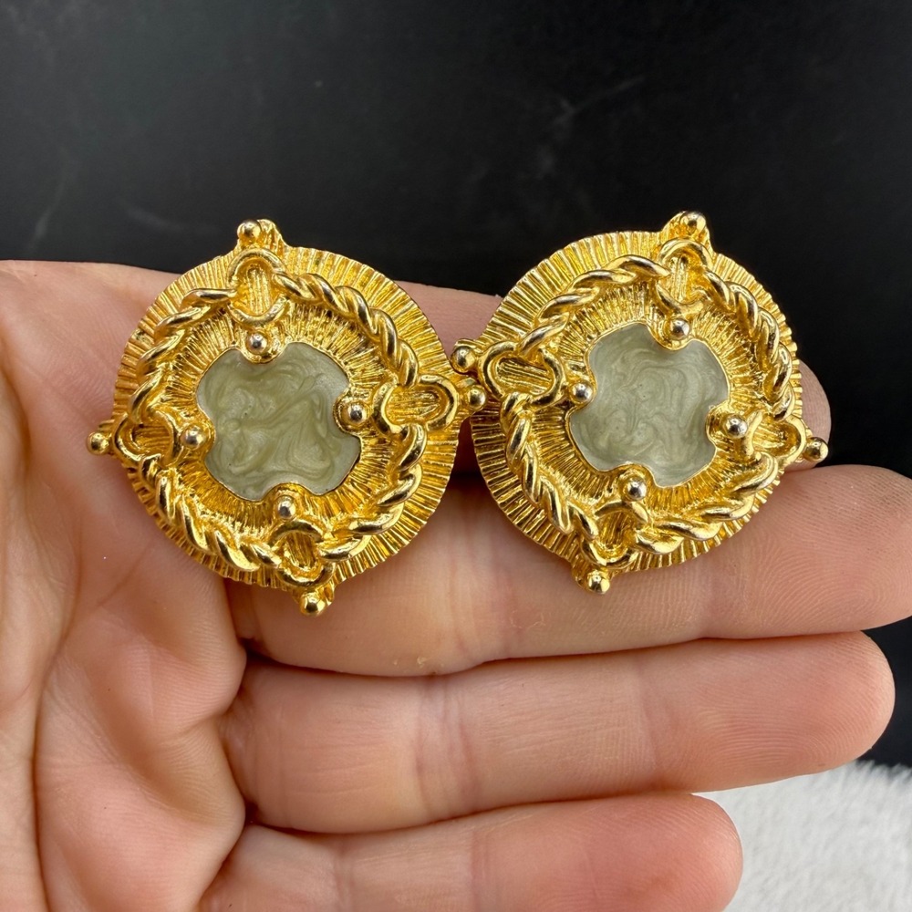 Vintage St John Clip On Earrings Coin Nautical Gold Tone Enamel